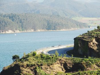 High angle view of sea and mountains