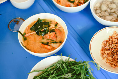 High angle view of food in bowl on table