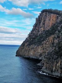 Rock formations by sea against sky