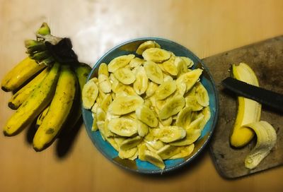 High angle view of fruits in bowl on table