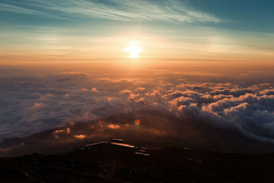 Aerial view of city at sunset