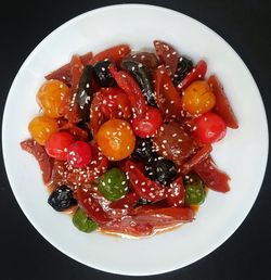 High angle view of chopped fruits in bowl