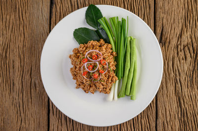 High angle view of meal served on table