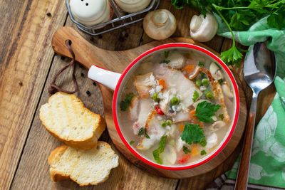 High angle view of soup in bowl on table