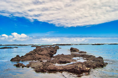 Rocks on sea shore against sky