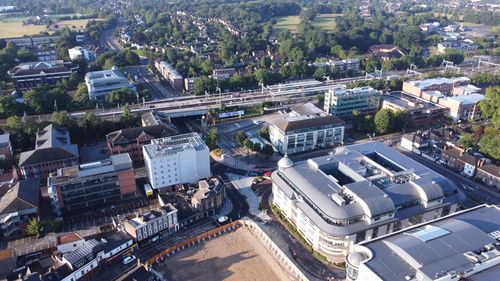 High angle view of street amidst buildings in city