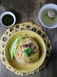 High angle view of food in bowl on table