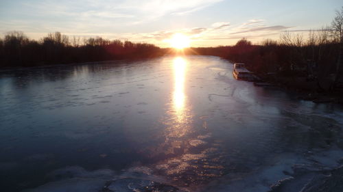 Scenic view of lake against sky during sunset