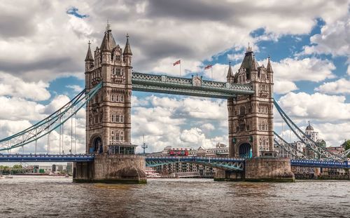 View of bridge over river against cloudy sky