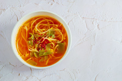 High angle view of noodles in bowl on table