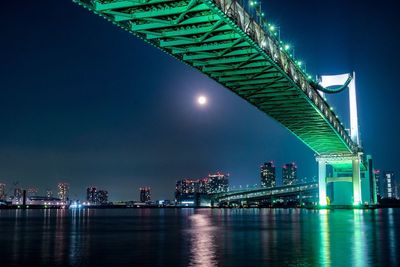 Illuminated bridge over bay of water