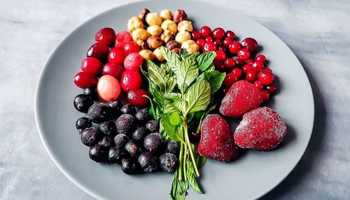 High angle view of strawberries in plate