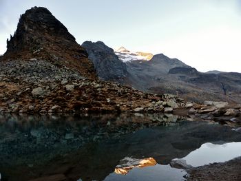 Scenic view of lake and mountains against clear sky