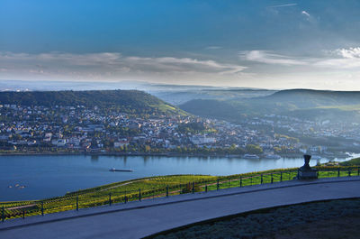 River and townscape against sky