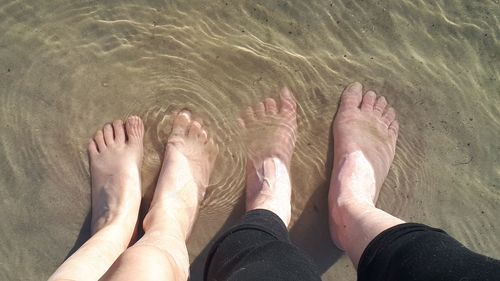 Low section of couple standing at beach