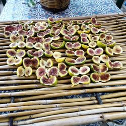High angle view of various fruits on barbecue