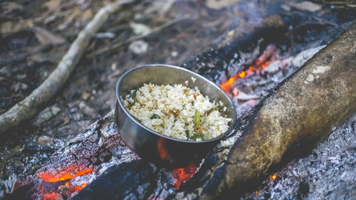 High angle view of food on barbecue grill