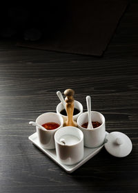 High angle view of coffee cup on table