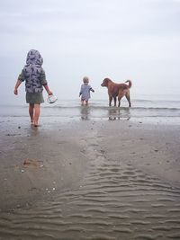 Rear view of children with dog at beach