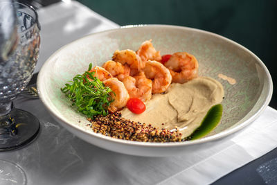 High angle view of food in plate on table