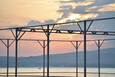 Chainlink fence against sky during sunset