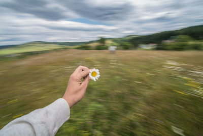 Close-up of hand holding flower on field against sky