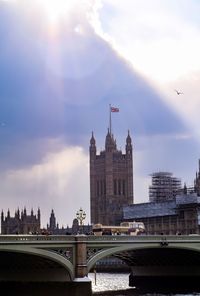 Bridge over river with buildings in background