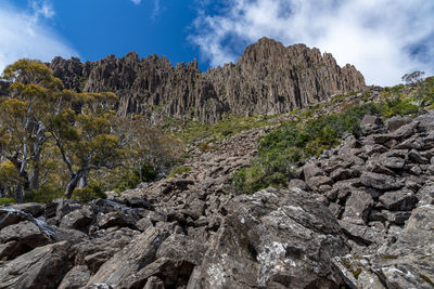 Low angle view of rock formation on land against sky