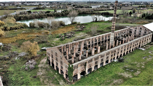 High angle view of castle on field