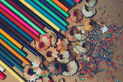 High angle view of colored pencils on table