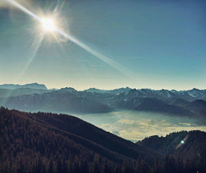 Scenic view of snowcapped mountains against sky on sunny day