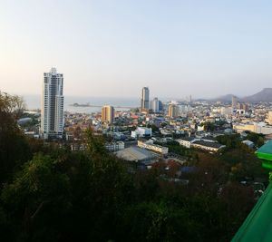 High angle view of buildings against clear sky