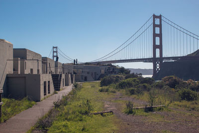 View of suspension bridge against clear sky