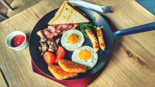 Breakfast in pan on table