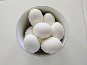 High angle view of eggs in bowl