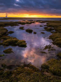 A col reflection of the sun setting in a pool of water along the rocky shore line.