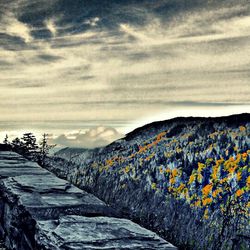 Scenic view of mountains against cloudy sky
