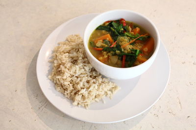 High angle view of food in bowl on table