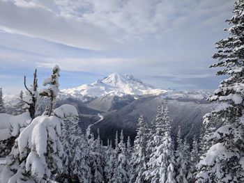 Scenic view of snow covered mountains against sky