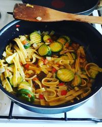 Close-up of vegetables in cooking pan