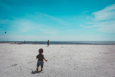 Rear view of man on beach against sky