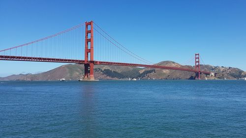 Suspension bridge over river against blue sky