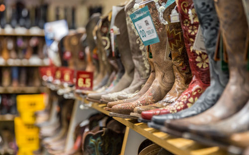 Close-up of boots for sale at store