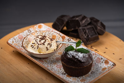 High angle view of dessert in plate on table