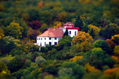 House amidst trees against sky