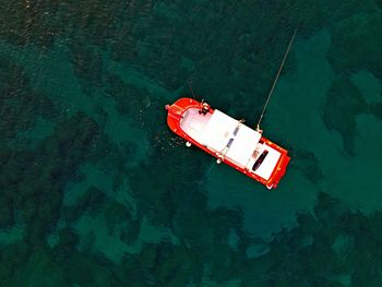 High angle view of boat floating on sea