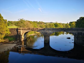 Arch bridge over river against sky