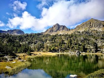 Scenic view of lake and mountains against sky