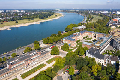 River rhine in düsseldorf from a bird's eye view, drone photography