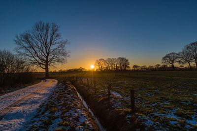 Scenic view of field against clear sky during sunset